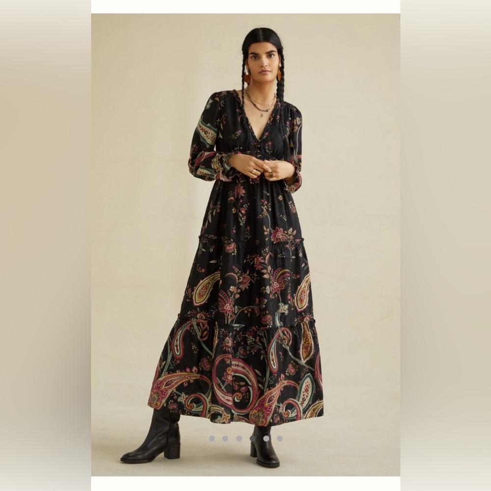 Anthropologie Black Paisley Floral Maxi Dress